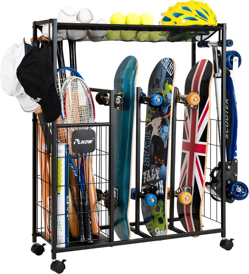 PLKOW Skateboard Storage Rack with Wheels, Sports Organizer for Skateboards, Scooters, Balls, Helmets and Sports Gear, Heavy Duty Sports Storage Rack for Garage, Home or School Use - Image 1